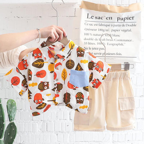 Cartoon Owl AOP Shirt Children's Summer Short Sleeve Two Piece Set